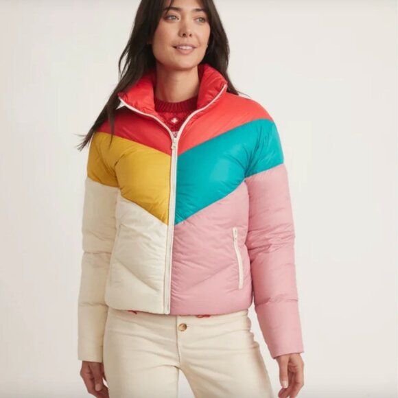 Marine Layer Jackets & Blazers - Marine Layer Archive Big Sky Chevron Puffer Coat in Antique White Multi Chevron